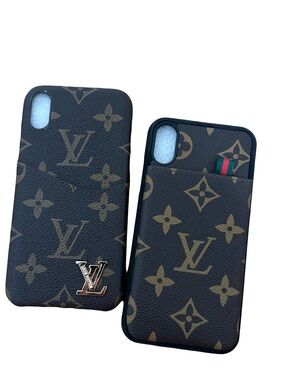 Louis Vuitton LV Monogram Brown Leather iPhone X Case with Card Pocket Set